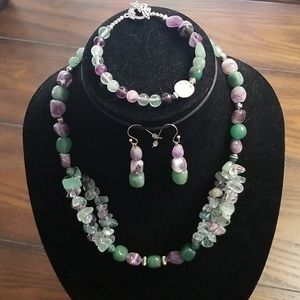 Purple, green & white beaded necklace set